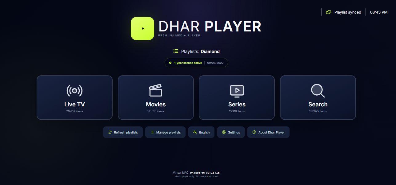 Dhar Player home screen showing Live TV, Movies, Series and Search